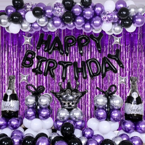 Nigifter Purple and Black Birthday Decorations for Men Women Boys Girls 117pcs Happy Birthday Purple Birthday Party Decorations for Him Her Birthday Party Supplies with Champagne Beer Decorations