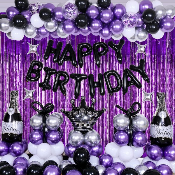 Nigifter Purple and Black Birthday Decorations for Men Women Boys Girls 117pcs Happy Birthday Purple Birthday Party Decorations for Him Her Birthday Party Supplies with Champagne Beer Decorations