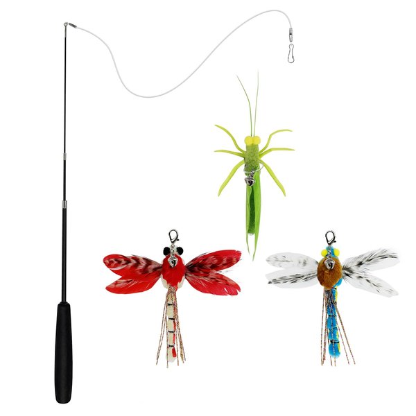 TTcat Cat Feather Wand Toys,Retractable Wand Toy with 3 Simulation Insects Refills, Transparent Carbon Wire,Interactive Cat Toy Kitten Toy for Indoor Cats to Play Chase Exercis