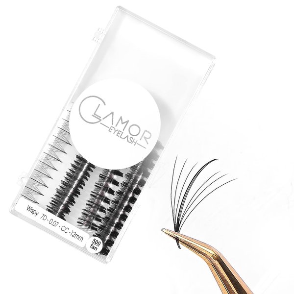 GLAMOREYELASH 500 Ultra Speed Promade Fans, Natural Wispy Eyelash Extension 5D 7D 9D Individual Lashes Mink Lashes, 0.05/0.07mm, C CC D Curl, 8-16mm Length for Fluffy Eyelash Cluster (7D-0.07-C, 16mm)