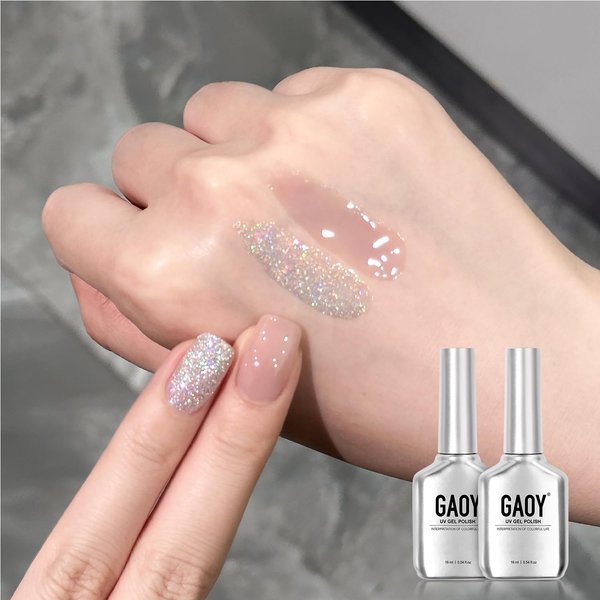 GAOY Jelly Gel Nail Polish, 16ml 2 Colors 2228 2229 Nude Glitter Soak Off UV Gel Polish Set for Nail Art DIY Manicure at Home, Jelly Shimmering