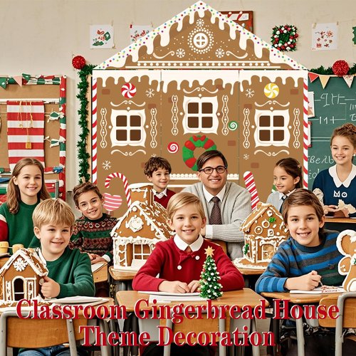 Christmas Door Cover 4 Pcs Christmas Background Cloths Gingerbread House Man Door Decoration Xmas Candy Banner Decor for Wall Window Classroom Office Home Indoor Outdoor Party Supplies
