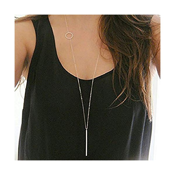 Leiothrix Long Pendant Necklace Silver Bar Necklaces Jewelry Y-Chain Circle Round Necklace for Women and Girls (Silver)