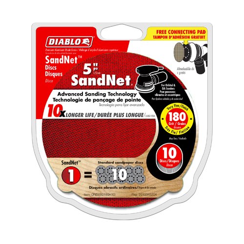 Diablo SandNet Reusable Sanding Discs with Connection Pad for Wood, Metal and Plastics - 5", 180 Grit, Fine, Ceramic Blend, 10-Pack - DND050180H10I