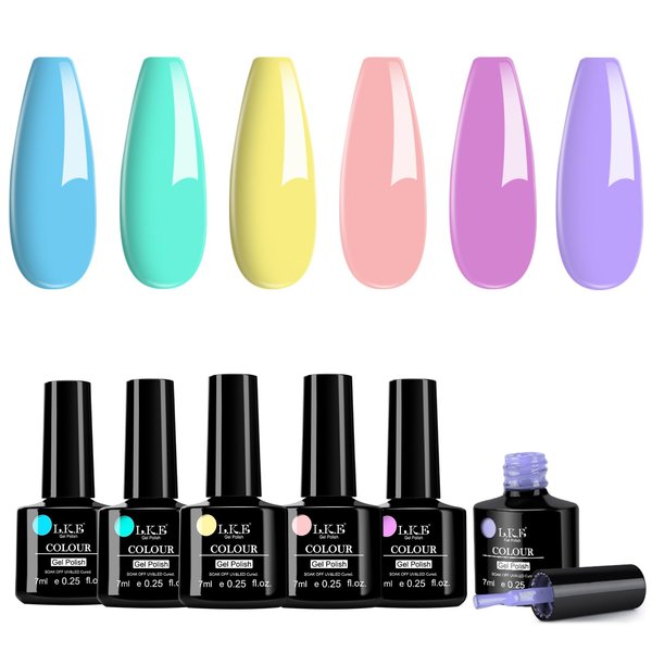 Gel Nail Polish Set, 6 Colors Macaron Colors Gel Nail Polish Kit Pale Pink Purple Blue Gel Polish Soak Off UV LED Nail Polish Set Manicure Kit Salon at Home (Macaron color)