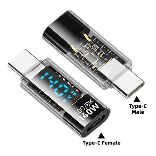 xiwai USB4.0 Type-C Digital Display USB-C Male to Female Extension Adapter Transparent Shell 140W Current Voltage Monitoring Tester Detector Smart LED Display