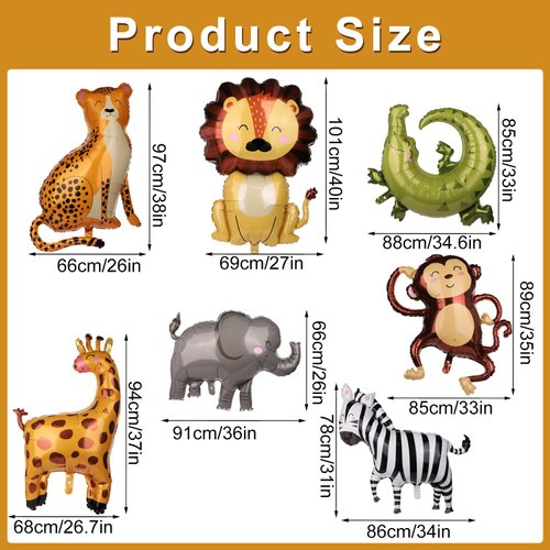 7pcs Jungle Safari Animal Balloons, Various Animal Theme Party Balloons Animal Print Balloons for Kids Zoo Party Decoration Supplies Monkey Elephant Zebra Leopard Crocodile Giraffe Shaped