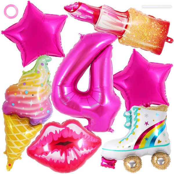 7 Pcs Pink Birthday Balloons for Girls,Princess Birthday Party Supplies,Girl Birthday Balloons Decorations,Hot Pink Balloons Set for Princess Doll Theme Party Birthday Party Baby Shower Supplies (4th)