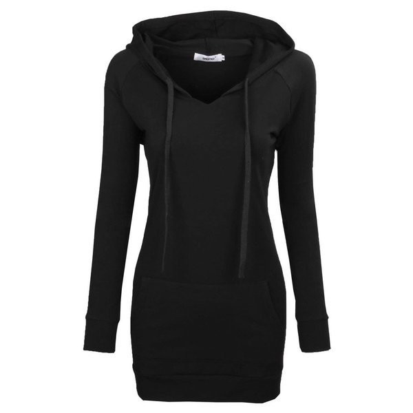 BEPEI Womens Long Sleeve Tunic Sweatshirt String Hoodie With Pocket Black L