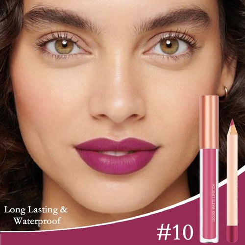 BINGBRUSH Colors Liquid Matte Lipstick and Lipliner Pack Set, Lip Tint Long Lasting 24 Hour Waterproof Velvet Nonstick Cup Lipgloss Lip Stain Pigmented Lip Makeup Gift Sets (1Pc 10#)