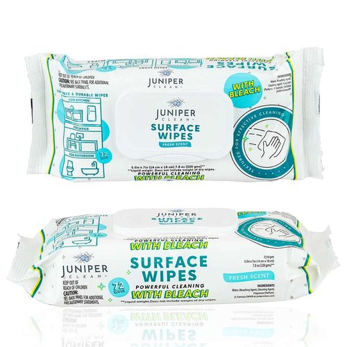 Juniper CLEAN 1 Pack Surface Wipes with Bleach, All-Purpose Cleaner for Bathroom, Kitchen, Office, 72 Count Soft Flow, Fresh Scent, Lint Free & Durable