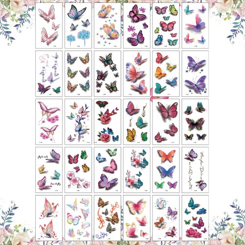 Casciybo 30Sheets Butterfly Temporary Tattoos for Women Kids Girls, Fake Flower Colorful 3D Butterflies Wings Tattoo Stickers Art Waterproof for Face Body Birthday Party Supplies Favors Gifts