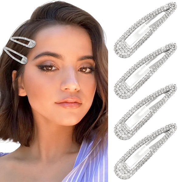 AOREAS 4Pcs Rhinestone Hair Clips Metal Snap Hairpins,Crystal Hair Barrettes Accessories for Girls Women,Bridal,Party,Wedding,Prom(4Pcs Silver)