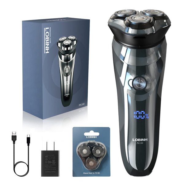 LOBINH Electric Razor for Men, 3D Rechargeable Waterproof IPX7 Electric Shaver for Men Wet & Dry, Cordless Electric Rotary Razor with Beard Pop-up Trimmer, 1 Hour Fast Charging, 4D Floating Head