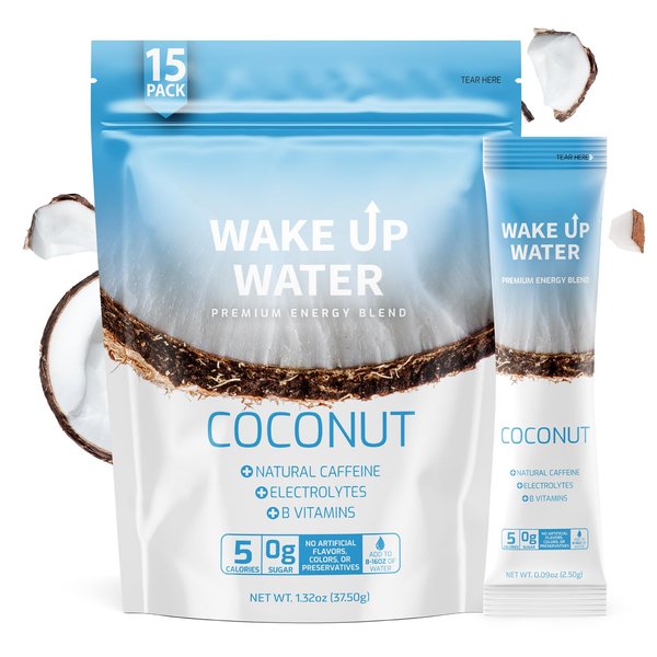 Wake Up Water - Energy + Hydration Sugar Free 15 Pack, Coconut Flavor - Energy Drink Powder, Electrolytes Powder Drink, Natural Caffeine Mix Packet, B Vitamins, 5 Calories, Gluten Free - .10 oz (2.9g)