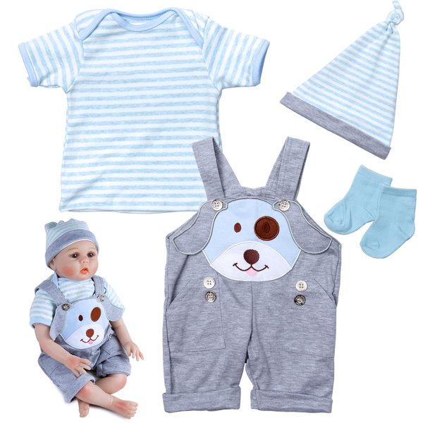 Reborn Baby Doll Clothes 20-22 inch Cute Dog Design Suspender Trousers 4-Pieces Set fit Reborn Dolls Boy Newborn Dolls Clothes