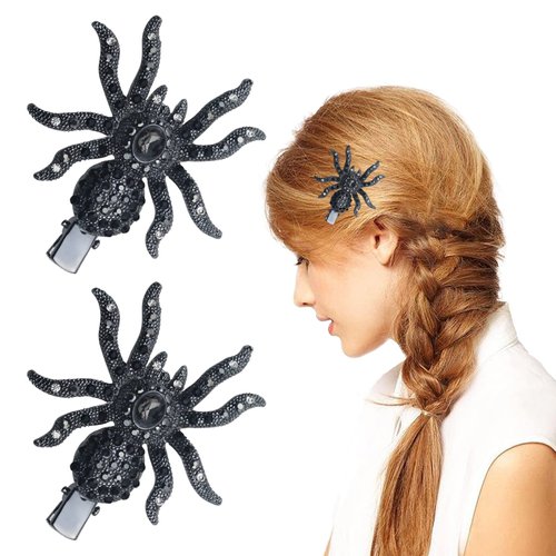 2 PACK Halloween Black Spider Pins Hair Clip Vintage Rhinestone Gems Stamper Bobby Pin Hair Accessories for Women