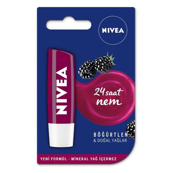 NIVEA Blackberry Lip Care Cream, 24 Hour Moisture, Light Burgundy Glow, All-Day Lip Care with Natural Oils, Blackberry Scent, 4.8g