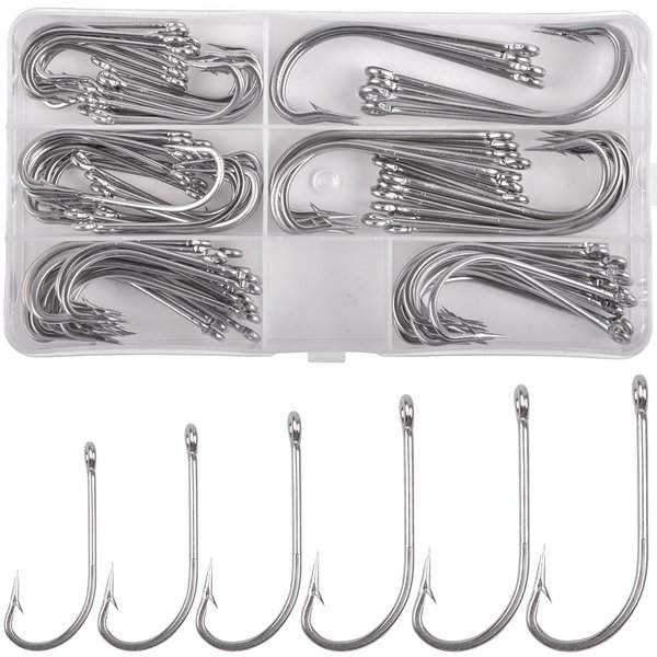 Saltwater Fishing J Hooks Kit, 100pcs Long Shank O'shaughnessy Hooks Set Forged Stainless Steel Fish Hooks Sea Hooks Assortment for Freshwater Saltwater