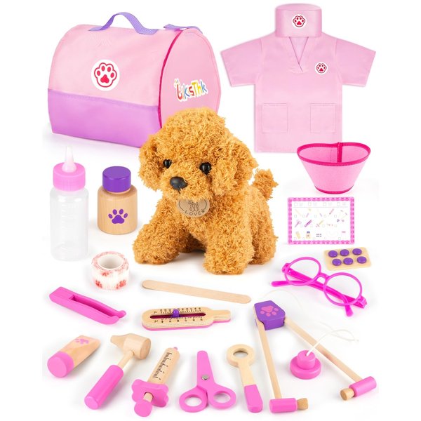 LilKisThk Wooden Doctor Kit for Toddlers 3-5, Pretend Play Toys Veterinarian Kit for Kids Vet Play Set with Dog Carrier, Toddler Doctor Play Set Medical Toys Gift for Kids Ages 3+