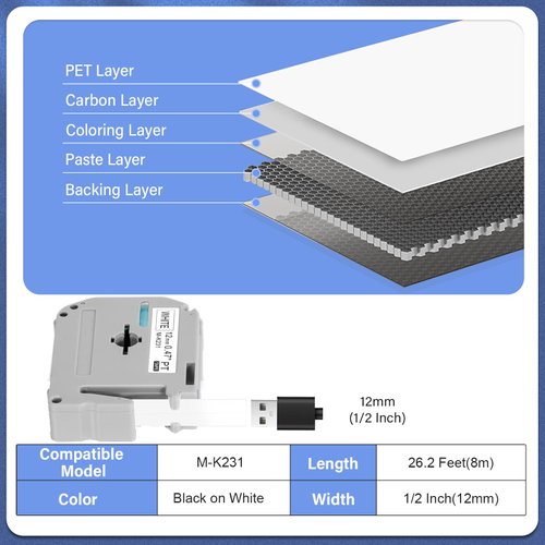 5 Pack M-K231 M Tape 12mm Compatible with M-K231s Brother Label Tape Black on White 0.47 Inch Tape for P Touch PT-M95 PT95 PT65 PT-65 PT70 PT85 PT90 Label Maker Tape Refill