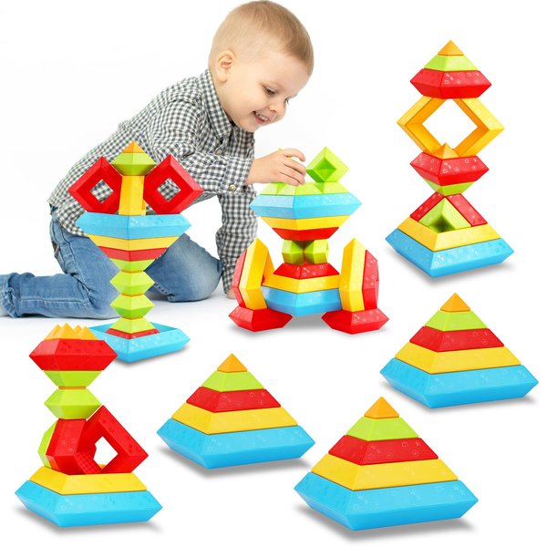 Autotechnx Montessori Toys for Toddlers Ages 3 4 5 6 Year Old Boys Girls 30 Pcs Pyramid Stacking Building Blocks Preschool Learning Activities STEM Sensory Toys Gifts for Kids Age 3-6