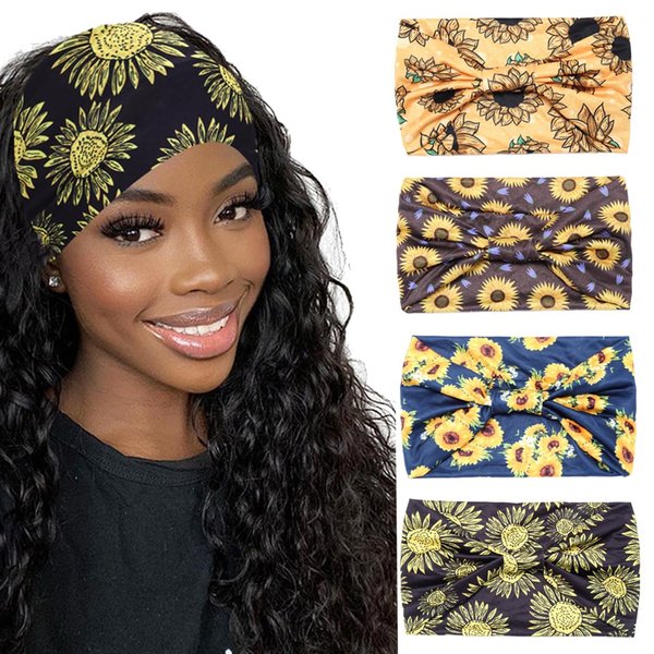 Urieo 4 Pcs Boho Knotted Head Band for Women Printed Turban Headbands Yoga Workout Sunflower Wide Stretch Hair Bands