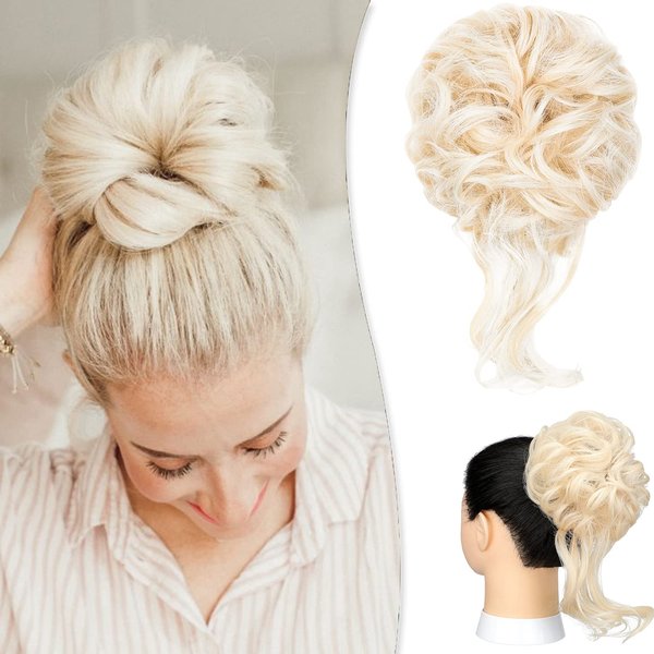 Qunlinta Messy Bun Hair Piece, Long Wavy Tousled Updo Hair Bun Extensions Wavy Hair Wrap Ponytail Hairpieces Hair Scrunchies with Elastic Hair Band for Women Girls -Bleach Blonde