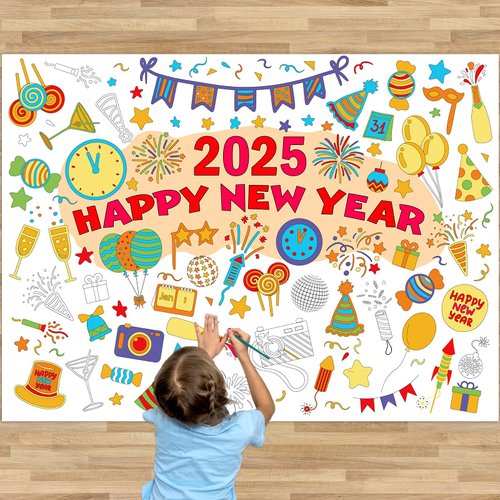 3Pcs Happy New Year Giant Coloring Posters Versatile Paper Coloring Banner New Year Eve Activities Crafts Decorations Jumbo Tablecloth Table Cover for Kids Home Classroom Party Supplies 43.3 x 31.5In