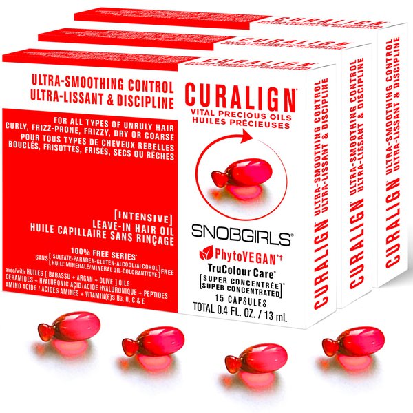 SNOBGIRLS CURALIGN Vegan Salon Hair Oil Ultra Smoothing Control Pack of 45 Capsules for All Types of Unruly, Curly Hair, Frizzy, Dry, Coarse Hair Hair serum with Argan Oil, Olive Oil & Hyaluronic Acid