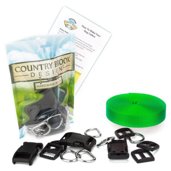 Country Brook Design Easy DIY Dog Collar Kit for (10) 1 Inch Collars with Nylon Webbing, D-Rings, Triglides and Buckles (Hot Lime Green)