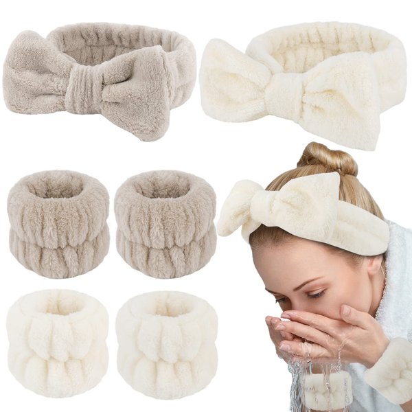 WHAVEL 6 PCS Face Wash Headband Wristband Set, Spa Headband Makeup Skincare Headbands Wrist Bands for Washing Face (Beige, Light coffee)