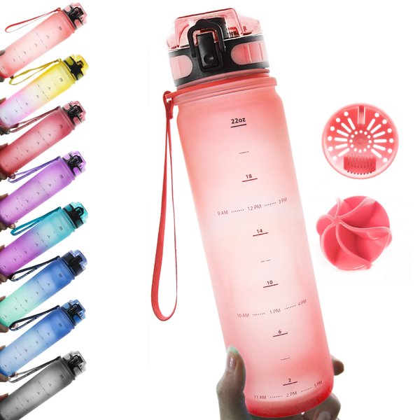 Live Infinitely 24 oz Water Bottle with Time Marker - Insulated Measured Water Tracker Screen - BPA Free Gym Water Bottle - Locking Flip Top Lid, Rubberized (Coral, 24oz)