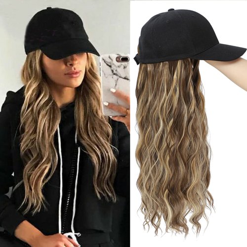 Yunkang Baseball Cap Wig Long Natural Wavy Hair Extensions With Hat Heat Resistant Synthetic Fiber Hairpieces Adjustable Hat Wig for Women Girls (B-M Brown blonde)