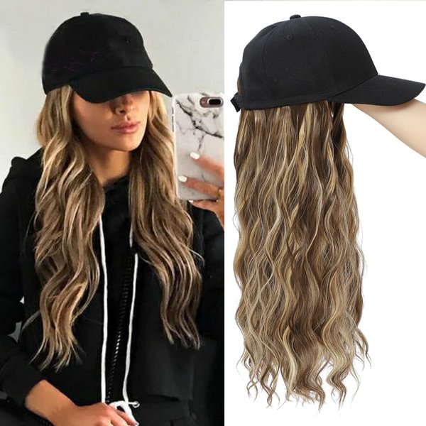 Yunkang Baseball Cap Wig Long Natural Wavy Hair Extensions With Hat Heat Resistant Synthetic Fiber Hairpieces Adjustable Hat Wig for Women Girls (B-M Brown blonde)
