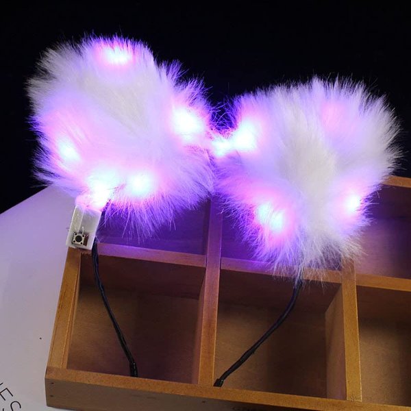 YOVECATHOU Light Up Headbands LED Cat Ears Headband Faux Fur Hair Hoop For Halloween Cosplay Costume Christmas Party (Purple)