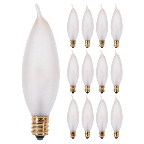 KOR Pack of 12 – 25 Watt Flame Tip Shape Frosted Candelabra Light Bulbs, E12 Base, 120V, Incandescent Dimmable. Warm White Color, 25W for Chandeliers, Pendants, Ceiling Fan and Sconces