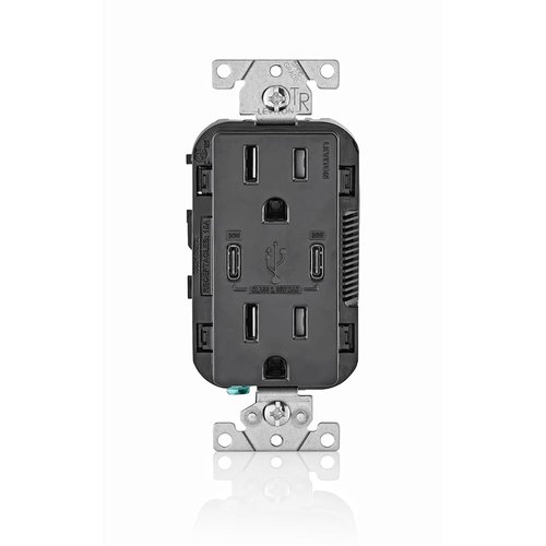Leviton T5635-E 30W USB Dual Type-C Power Delivery In-Wall Charger with 15A Outlet, USB Charger for Smartphones, Tablets, Black