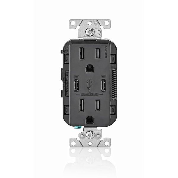 Leviton T5635-E 30W USB Dual Type-C Power Delivery In-Wall Charger with 15A Outlet, USB Charger for Smartphones, Tablets, Black
