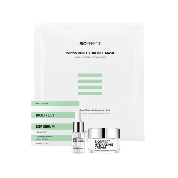 BIOEFFECT EGF Serum Try-Me Mini Sample Skincare Set with Hydrating Cream & Hydrogel Mask, Travel-Size Trio of Growth Factor Anti-Aging Serum, Moisturizer & Soothing Facial Mask