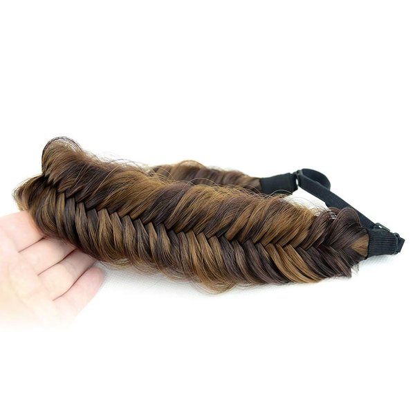 BOBIYA Wide Fishtail Headband for Women Synthetic Hair Plaited Braids Elastic Stretch Fishtail Headband (Chocolate Toast)
