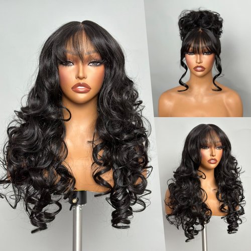 GORGIUS Black Wigs with Bang Body Wave Wig Long Natural Black Glueless Wavy Wig for Women Crafted with Style-Archive™ Technology: Premium Fiber & Remy Human Hair Blend, Realistic Look with True Scalp