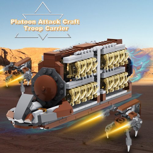 Battle Army Clone Platoon Attack Craft Building Kit 32-Piece, Battle Soldiers Troop Carrier with 2 Droidekas, Building Blocks Action Figures Army Toys for Kids 6-12