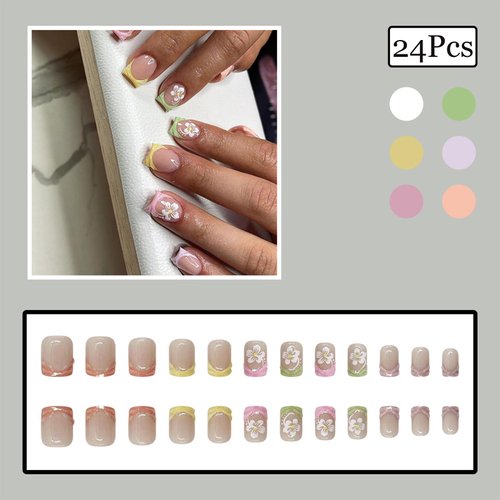 Embossed Water Ripples Press On Nails French Tip Summer Cute Fake Nails Acrylic Square False Stick on Nails Hibiscus Floral Full Cover Acrylic Nails Press ons Glue on Nails for Women Girls Manicure