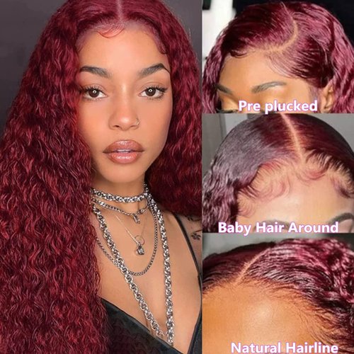 MISSJAY Burgundy 13x4 HD Lace Front Wigs Human Hair 99J Deep Wave Human Hair Wigs for Black Women Curly Wigs Pre Plucked with Baby Hair 180 Density (18 Inch)