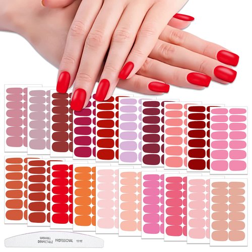 WOKOTO 20 Sheets Red Pink Nail Polish Strips Full Nail Wraps Solid Nail Stickers for Women Nail Art Polish Stickers Gel Nail Strips for Women Girls Nails Stick On Nails for Women Nail Polish Wraps