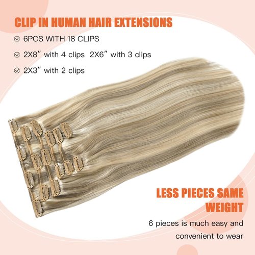 UGOTRAYS Blonde Clip in Hair Extensions Real Human Hair - 15 inch 70g Ash Blonde Mixed Bleach Blonde Straight 7pcs Double Weft - 100% Remy Human Hair Extensions #18p613 15in