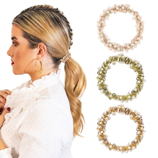 Mabor 3Pcs Pearl Hair Tie Rhinestone High Ponytail Holder Decorative Elastic Fancy Hair Ties Glitter Bling Pretty Rhinestone Scrunchie Stretchy Hair Accessories for Women Girls