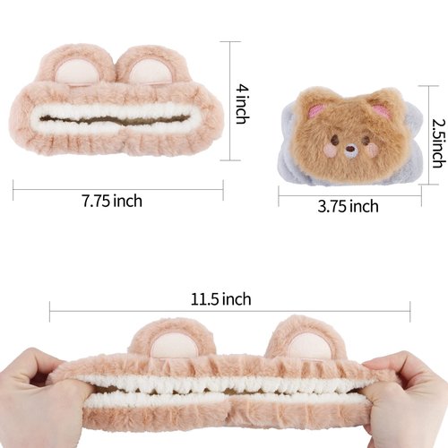 WHAVEL 3PCS Spa Headband Face Wash Headband and Wristband Set, Cute Bear Ears Headband for Washing Face Makeup Headband Facial Headband Wrist Bands for Washing Face (Coffee 01)