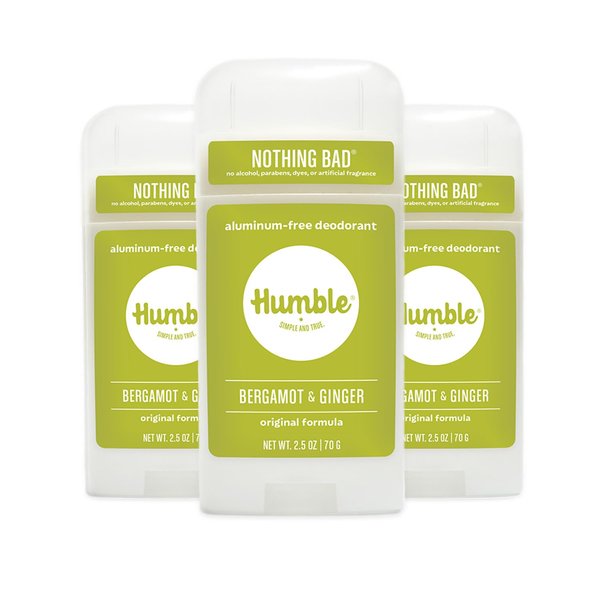 HUMBLE BRANDS Original Formula Aluminum-free Deodorant. Long Lasting Odor Control with Baking Soda and Essential Oils, Bergamot and Ginger, Pack of 3